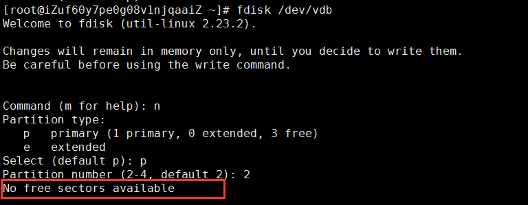 Linux 创建分区出现 no free sectors available 解决方法