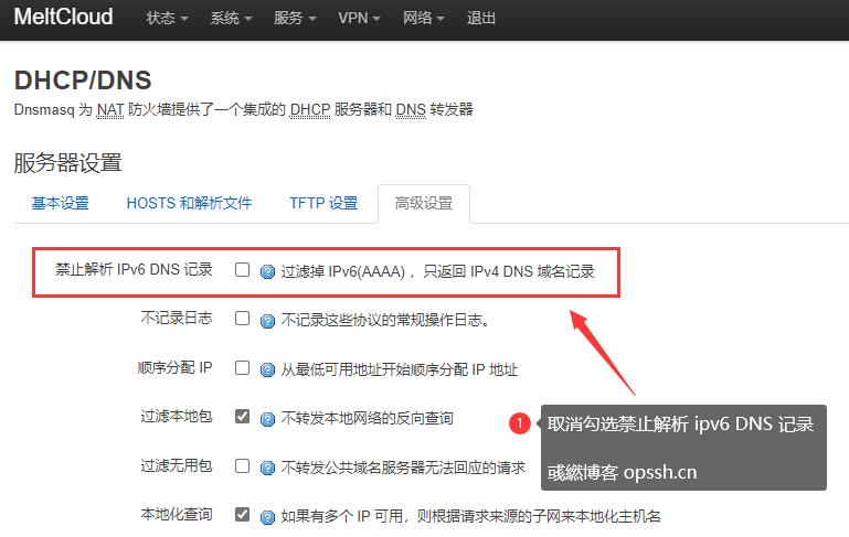 OpenWrt取消禁止解析 IPv6 DNS 记录功能