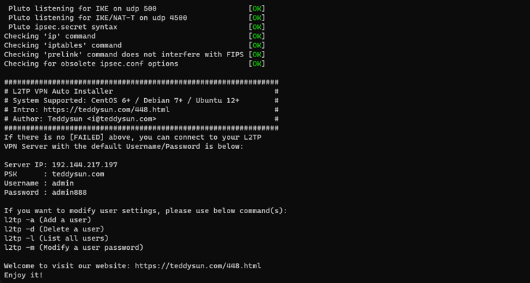 L2TP/IPSec服务器搭建完成